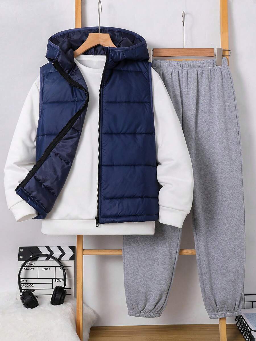 Tween Boy 3pcs/Set Hooded Fleece Vest + Solid Color Crew Neck Sweatshirt + Elastic Waist Pants Outfit, Suitable For Autumn, Spring, Winter, Outdoor, School, Streetwear, Party, Casual, High Cost-Performance - Multicolor - View 1