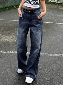 Women Retro Loose Straight Wide-Leg Distressed Boyfriend Jeans