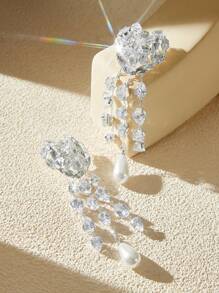 SHEIN Belle 1 对优雅、可爱水晶、流苏、水钻、珍珠/贝壳新娘时尚耳环，适合婚礼、蜜月、派对 - 銀色 - 查看 6