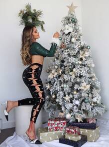 SHEIN SXY 女士圣诞派对天鹅绒绑带镂空打底裤，秋冬款 - 黑色 - 查看 3