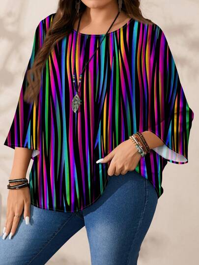EMERY ROSE Plus Size Women Colorful Striped Allover Print Loose Fit Round Neck 3/4 Sleeve Blouse, Casual,  Chic Blouses For Women,Spring/Summer/Vacation