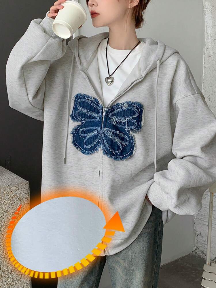 Women's Distressed Butterfly Detail Zip-Up Hoodie Sweatshirt,Fall Women Clothes,Thermal Lined