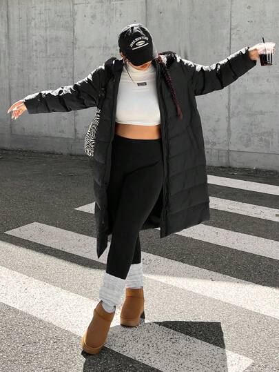 SHEIN EZwear Abrigo casual acolchado con cremallera, manga larga y capucha de unicolor para mujer de talla grande en invierno