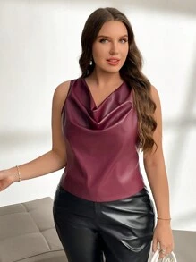 SHEIN Privé Plus Size Women's Young Street Music Festival Slim Angola Red V-Neck Elegant Party All-Match Versatile PU Leather Top, Autumn/Winter - Burgundy - View 4