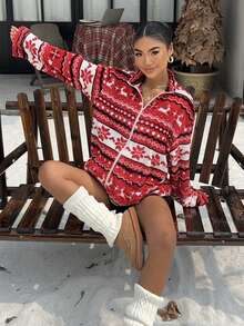 SHEIN EZwear 女士休闲几何印花羊毛夹克，适合圣诞节 - 紅色 - 查看 6