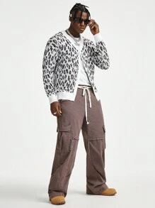 Manfinity RebelGame Herren weit geschnittener Leoprint V-Ausschnitt Langarm Strickjacke, Lose sitzende, schulterfreie dicke Strickjacke für Ausgang im Herbst/Winter, für Ehemann, Freund als Geschenk