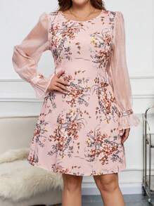 SHEIN Clasi 优雅浪漫花卉印花大圆领长袖修身短款女式加大码连衣裙 - 粉色 - 查看 6