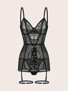 Sexy Lingerie Set: Corset Slip Dress + G-String + Garter Belt, Floral Lace, Underwire Bra, Charming & Alluring Women's Nightgown