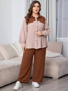 Mulvari Bộ 2 chiếc áo sơ mi dài tay và quần dài màu trơn đơn giản cho nữ cỡ lớn ngày lễ, mùa thu - màu nâu - Xem 3