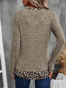 EMERY ROSE Women Casual V-Neck Long Sleeve T-Shirt With Contrast Leopard Trim, Spring/Autumn - Apricot - View 2