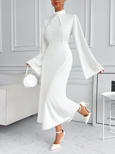 EURMUSE 1pc Women's Elegant White Stand Collar Flare Sleeve Fish Tail Hem Dress