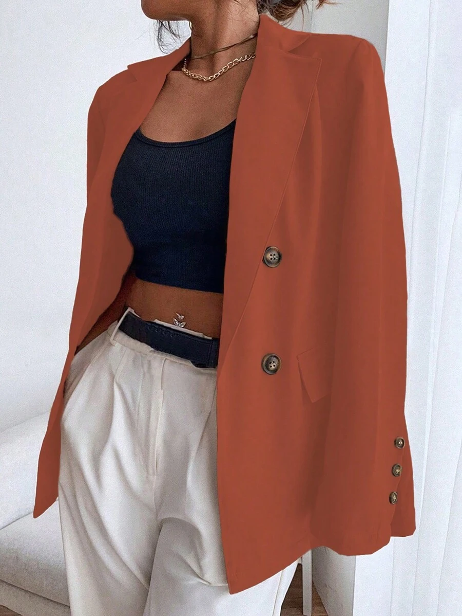 Chiquease Áo khoác blazer cổ ve màu trơn tối giản giản dị dành cho nữ có nút trang trí - trái cam - Xem 1