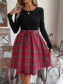 EMERY ROSE 女式格子印花系带圆领长袖中长连衣裙 - 彩色 - 查看 4