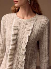 MOTF PREMIUM CONTRAST BINDING RUFFLE TRIM CABLE KNIT SWEATER
