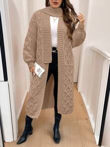 SHEIN Essnce 2pcs/Set Plus Size Women's Long Knitted Cardigan Sweater Set - Khaki - View 5