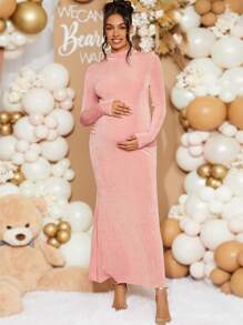 Loomaby Baby Shower Long Sleeve Dress Pregnant Women Elegant Solid Color Fishtail Fitted Maternity Long Sleeve Dress For Baby, Gender Reveal Party