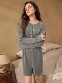 Ocili Leisure Soft Rib Knit Comfortable Shell Button Women Jumpsuit Loungewear