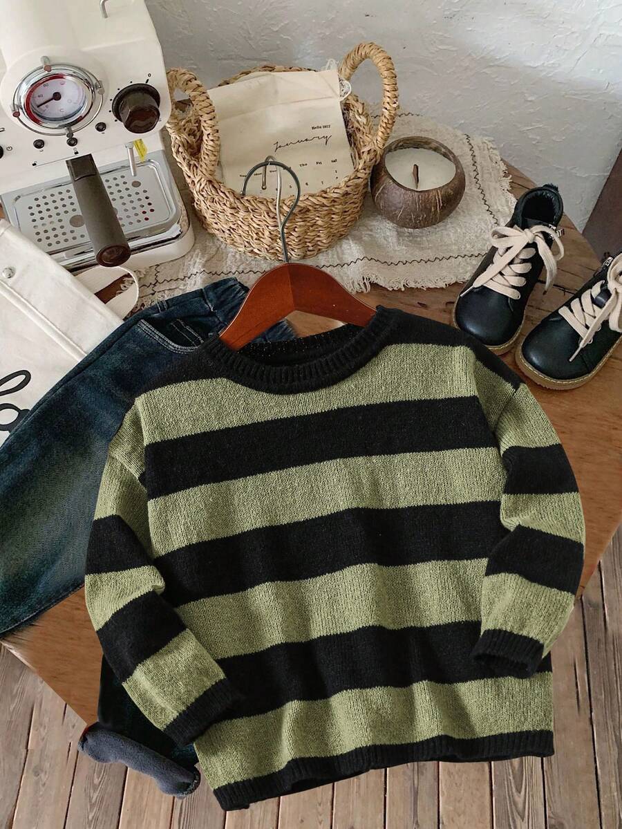 1pc Casual Academy Style Comfortable & Fashionable Loose Fit Deer Fleece Striped Crew Neck Sweater, Suitable For Kids Sweater, Christmas Sweater, Nightmare Before Christmas Kids Outfits, Young Boy Clothes, School & Back To School Boys Outfits, Suitable For Daily Wear, School, Travel, Sports, Autumn & Winter Season - Green - View 1