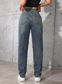 SHEIN EZwear Women Pocket Distressed Straight Leg Loose Casual Versatile Denim Jeans