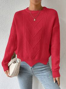 SHEIN Essnce Solid Color Round Neck Casual Versatile Long Sleeve Pullover Sweater - Red - View 6