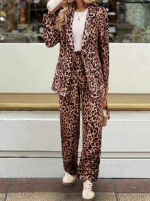 SHEIN Unity Women's Leopard Print Lapel Long Sleeve Blazer And Pants Fashion Suit Set - Khaki - View 5