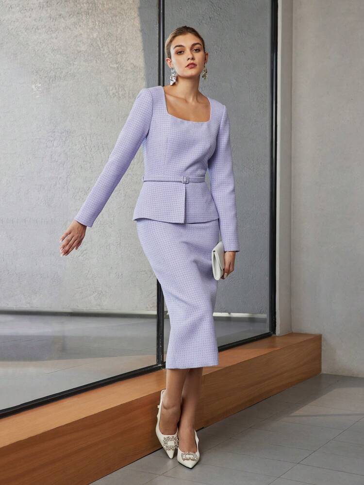 超美品TWEED PEPLUM DRESS TWEED SQUARE NECK BUCKLE BELTED PEPLUM WAIST MIDI DRESS｜Motf