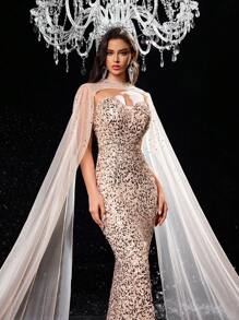 Glamrae Elegante vestido de cena de gala con cuello en V sin tirantes de cintura alta y silueta ajustada, con tul bordado en 3D con lentejuelas y pedrería desmontable tipo chal, en color champán, para invitada de boda, graduación o evento formal