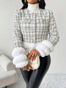 SHEIN Lady 白色长裤小香风外套毛绒踝部拼接优雅精致女士大衣