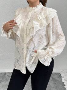 Firerie Plus Size Women Turtleneck Ruffle Trim Jacquard Patterned Long Sleeve Blouse - Apricot - View 3