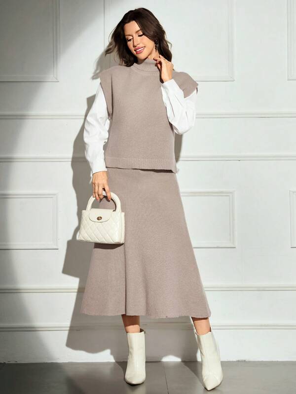 Modelyn 2pcs Women Solid Turtleneck Sweater Vest And Knit Mini Skirt Set, Casual Loose Fit Autumn/Winter 2 Pieces Set