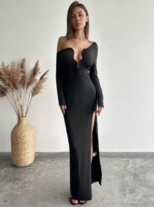 Aloruh Váy liền thân màu trơn hở lưng không đối xứng viền kim loại gợi cảm mới, thích hợp cho hẹn hò, đi chơi, tiệc tùng, sinh nhật - màu đen - Xem 3