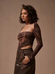 MUSERA Asymmetric Butterfly Print Top Summer Ibiza , Autum, Winter, Party, - Multicolor - View 2