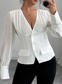 SHEIN Unity Women's Spring Autumn Elegant Commuter Heterogeneous Material Patchwork Ruched Waist Slimming Gold Trim Button Long Sleeve Shirt - White - View 1