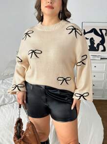 SHEIN Privé Plus Size Women Jacquard Knit Pullover Sweater With Bow Design, French Style Warm Knitwear, New For Autumn/Winter - Multicolor - View 4