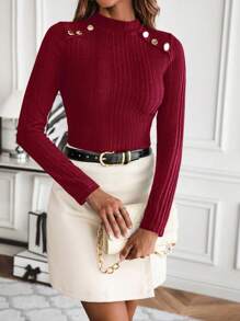 SHEIN LUNE Women Solid Color Stand Collar Long Sleeve Button Decor Slim Fit Ribbed Knit Top, Autumn
