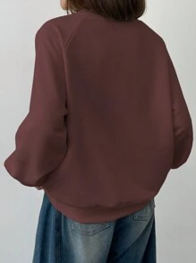 DAZY Pattern Embroidered Loose Fit Crew Neck Long Sleeve Women Sweatshirt - Coffee Brown - View 2