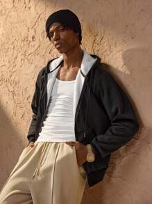 Forever 21 Men's Drop Shoulder Zip Up Drawstring Thermal Hoodie Fall/Winter - Black - View 5