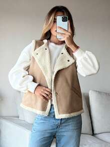 SHEIN Essnce Áo khoác vest Teddy màu nâu chần bông cho nữ có túi và nút, dày, mùa thu/đông - màu nâu - Xem 6