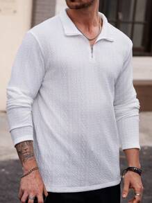 Manfinity VCAY Men's Knit Slim Fit Stand Collar Half-Zip Long Sleeve Polo Shirt, Suitable For Autumn & Winter - White - View 1