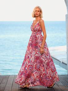 Vivid Eden Paisley Print Criss Cross Backless Cami Dress,Summer Clothing,Vacation Style,For Beach Vacation