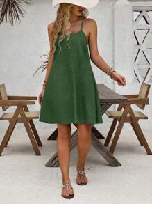 SHEIN LUNE Solid Color Casual Versatile Pocket Decorated Sleeveless Denim Dress