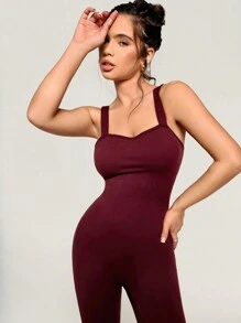 Athîral Minimalist Solid Color Open Back Camisole Jumpsuit, Slim Fit Sports Romper