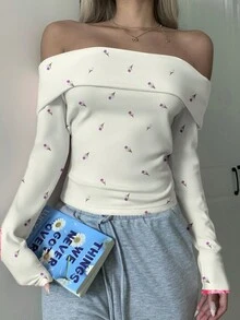 SHEIN EZwear 女式杏色碎花露肩紧身长袖上衣，百搭搭配长袖 T 恤，秋冬季 - 黃色 - 查看 5