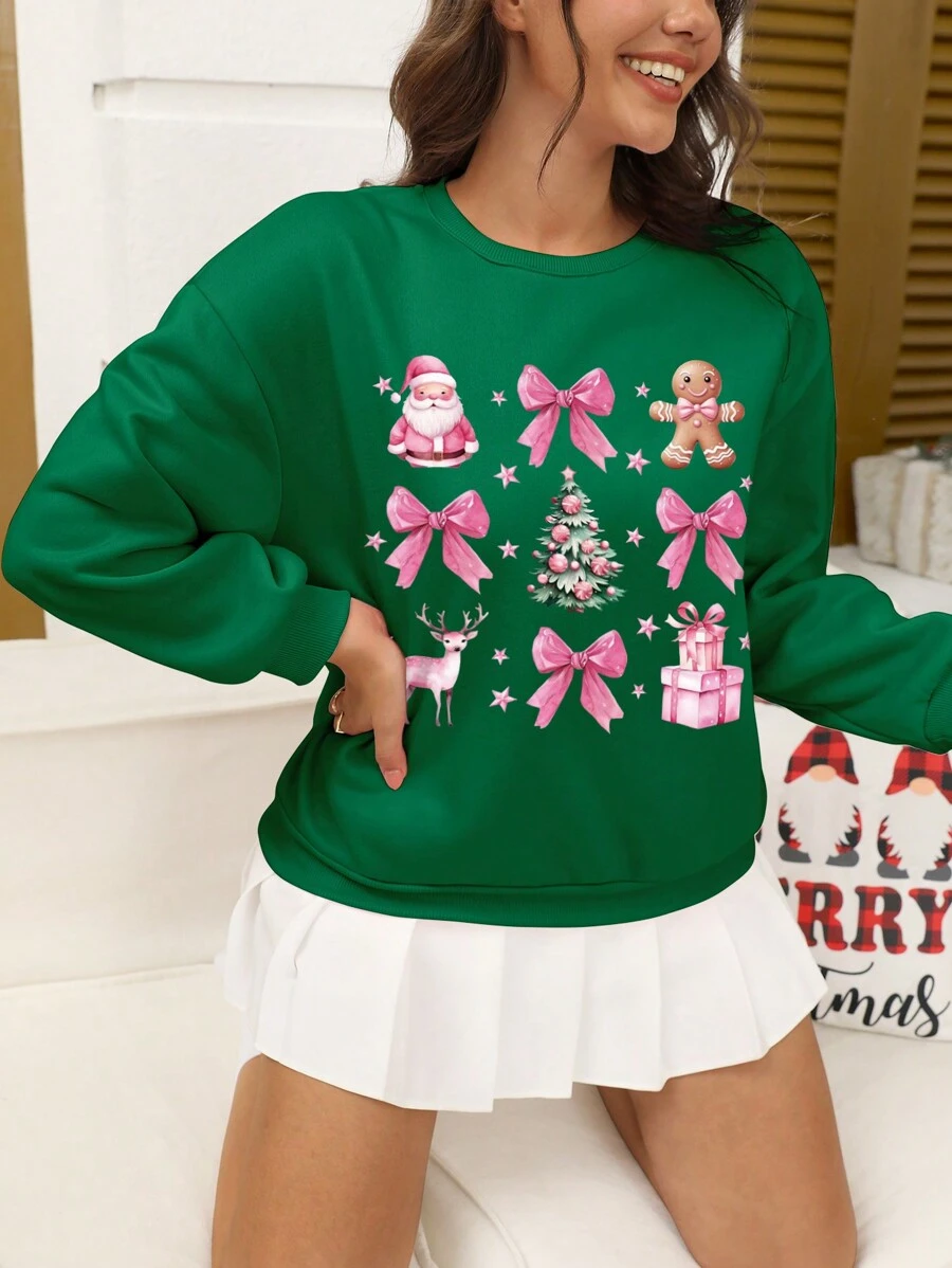 SHEIN EZwear 女士休闲圆领落肩长袖卫衣，印有圣诞树和蝴蝶结图案，适合秋冬季节穿着。 - 綠色 - 查看 1