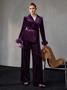 MOTF PREMIUM VELVET SOLID SLANT POCKET WIDE LEG SUIT PANTS - Purple - View 5