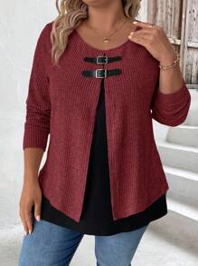 SHEIN LUNE 大码女式长袖休闲拼色拼接二合一上衣 - 酒紅色 - 查看 1