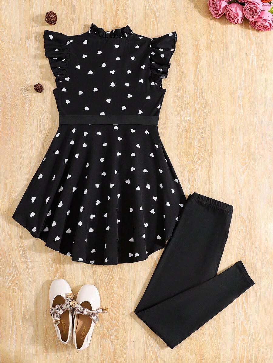 SHEIN Leap Crew 2 件套少女编织心形图案荷叶边袖系带衬衫和休闲裤套装 - 黑色 - 查看 1