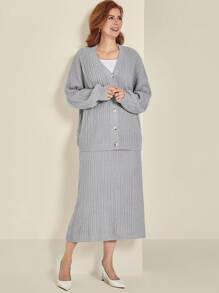 EMERY ROSE Plus Size Solid Color Button-Front Long Sleeve Sweater & Skirt Casual Set