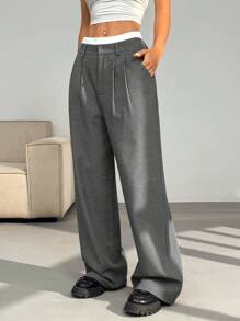 SHEIN EZwear Black & White Plaid Contrast Waistband Loose Straight Leg Casual Dress Pants, Autumn/Winter - Black and White - View 6