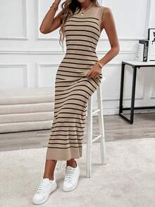 SHEIN LUNE 女士休闲舒适条纹无袖连衣裙 - 杏色 - 查看 5